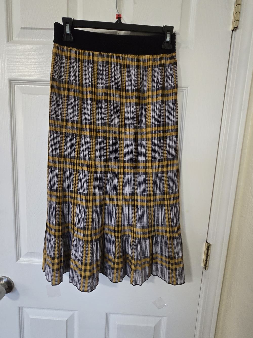 Pleated Yellow and Black Plaid Midi Skirt